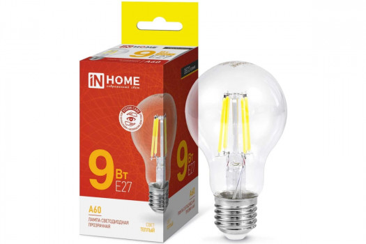 Лампа светодиодная LED-A60-deco 9Вт 230В Е27 3000К 810Лм прозрачная IN НОМЕ