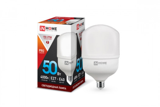 Лампа светодиодная LED-HP-PRO 50Вт 230В 4000К E27 4500Лм с адаптером E40 IN HOME 4690612031118 Лампа светодиодная LED-HP-PRO 50Вт 230В 4000К E27 4500Лм с адаптером E40 IN HOME 4690612031118