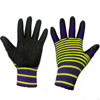 Перчатки нейлон цветные полосатые с латексным черным обливом (OL-1918/OL-26/OL-032)